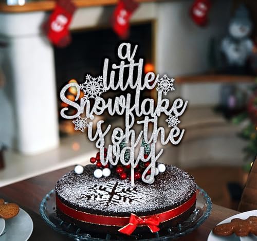A Little Snowflake is on the Way Cake Topper, Winter Baby Shower Cake Decor, Sweet Little Snowflake, Frozen Winter Christmas Baby's 1st Birthday Baby Shower Party Decorations Supplies Silver Glitter