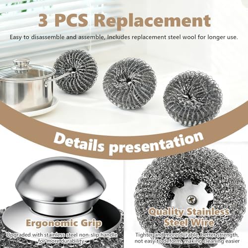 Steel Wool Scrubber, 4-Pack Stainless Steel Scrubber Pads with Handle - The Ultimate Scouring Solution for Rust, Stubborn Messes on Cookware, Grill, Oven & Kitchen Sinks