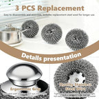 Steel Wool Scrubber, 4-Pack Stainless Steel Scrubber Pads with Handle - The Ultimate Scouring Solution for Rust, Stubborn Messes on Cookware, Grill, Oven & Kitchen Sinks