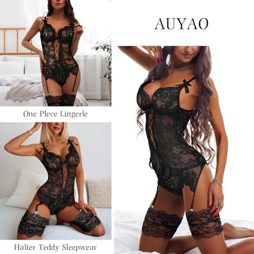 Lace Lingerie for Women Sexy Teddy Strappy Babydoll Lingerie Sets with Bras, Panty and Garter Belt