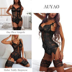 Lace Lingerie for Women Sexy Teddy Strappy Babydoll Lingerie Sets with Bras, Panty and Garter Belt