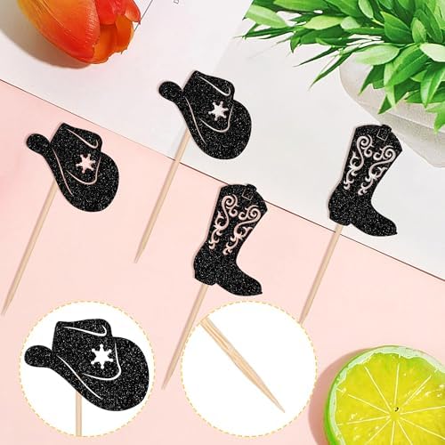 24 PCS Cowboy Cupcake Toppers Glitter Cowboy Hats Boots Cupcake Picks Cowboy Party Cupcake Decorations for Western Theme Baby Shower Boys Birthday Party Cake Decorations Supplies Black