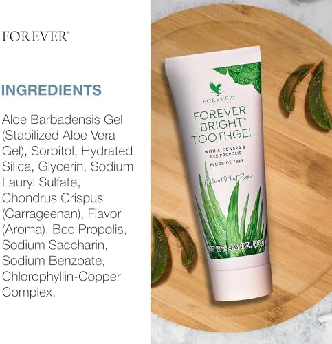 Forever Living - Bright Toothgel, Fluoride-Free Aloe Vera Gel with Bee Propolis, Peppermint-Spearmint Flavor, 4.6 oz, 2 Pack