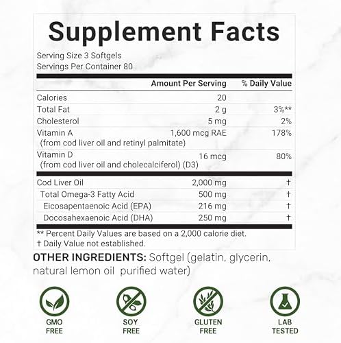 Wild Caught Cod Liver Oil 2,000mg Per Serving, 240 Softgels – Extra Strength EPA DHA Omega 3 with Vitamin D & A – Burpless, Lemon Flavored – Vision, Heart, Brain, & Immune Support
