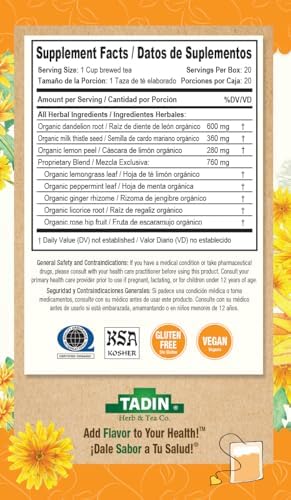 Tadin Organic Dandy Detox Tea with Dandelion Root for Liver Support, Caffeine Free Herbal Tea, 20 Tea Bags Per Box, Pack of 1