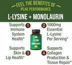Peak Performance L Lysine 1000mg + Monolaurin 500mg High Potency Supplement for Lips, Skin, & Immune Support - L-Lysine 2-in-1 Bioavailable Supplements for Men and Women - 60 Capsules
