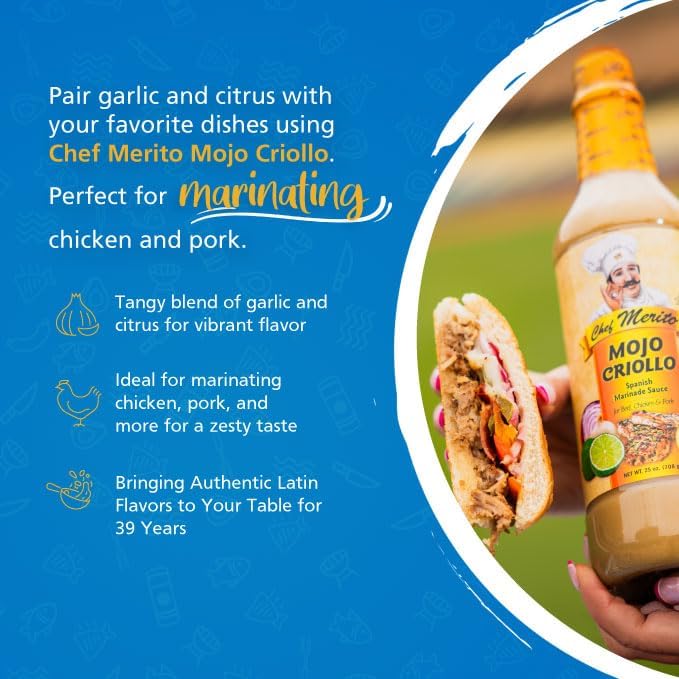 Chef Merito Mojo Criollo Marinade 25 oz | Cuban-Style Garlic & Citrus | No MSG | Perfect for Pork, Chicken & Seafood | Authentic Latin Flavor Since 1985