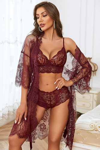 Avidlove Women Sexy Lingerie Set 3 Piece Bra and Panty Sets with Lace Kimono Robe Sleepwear Mesh Nightgown