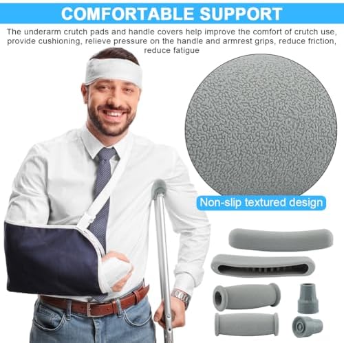 Crutch Pads and Caps Set, 6pcs Underarm Hand Grips Crutch Pad, Universal Rubber Padding for Armpits and Hand Grips with Replacement Feet Caps Crutc-h Accessories(Color:Grey)