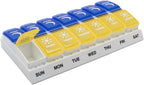 EZY DOSE Weekly (7-Day) AM/PM Pill Organizer, Daily Vitamin Container and Medicine Box, Large Pop-Out Compartments, Designed for Travel, 2 Times a Day, Blue and Yellow Lids