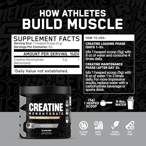 All Black Everything Creatine Monohydrate | Support Muscles, Cognitive Function | Micronized Amino Acid Powder | Cellular Energy | Workout Supplement for Men & Women | Unflavored | 60 Servings