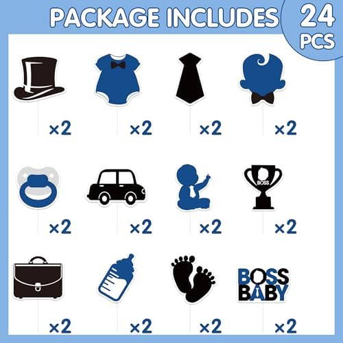 Baby Shower Cupcake Toppers - 24 Pcs Cute Boss Happy Birthday Decorations for Boys 1st Black Edible Gender Reveal Cake Supplies for Kids Blue First Party Paper Dessert Insert Picks Decors