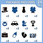 Baby Shower Cupcake Toppers - 24 Pcs Cute Boss Happy Birthday Decorations for Boys 1st Black Edible Gender Reveal Cake Supplies for Kids Blue First Party Paper Dessert Insert Picks Decors