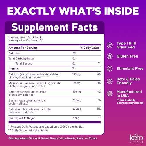 Keto Vitals Collagen Powder for Women Plus Electrolytes - 30 Travel Packets - 7.78G of Type I & III Grass Fed Hydrolyzed Collagen Peptides Protein Per Stick - Colageno Hidrolizado for Women