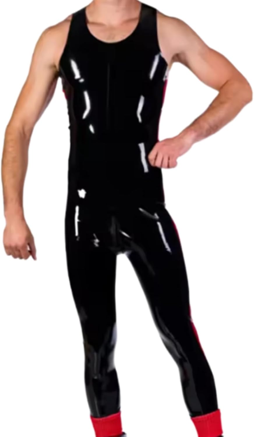 Latex Rubber Crotch Zipper Fitness Black and Red Catsuit Sport Sleeveless Jumpsuit