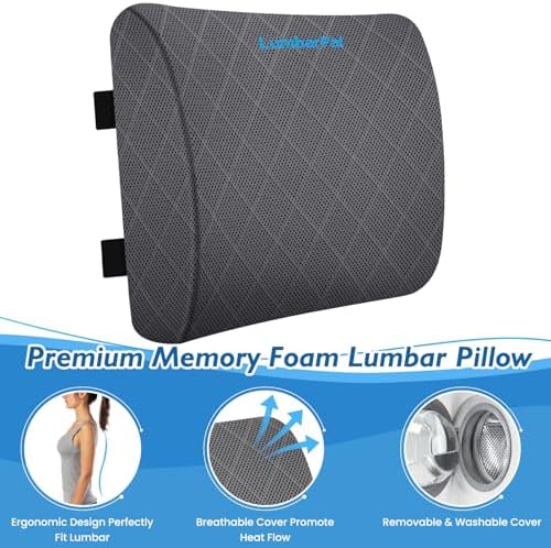 Lumbar Support Pillow for Office Chair Back Support Lumbar Pillow for Car, Gaming, Office Chair - Improve Sitting Posture & Back Pain Relief, Memory Foam, Adjustable Straps, Grey