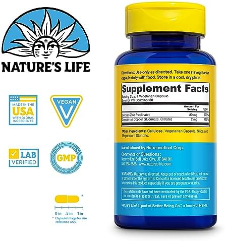 Nature's Life Zinc Picolinate 30mg Plus 2mg of Copper - Chelated Zinc Supplement for Immune, Cardiovascular, Skin, Cellular Function, and Muscle Support - 60-Day Guarantee - 50 Servings, 50 Capsules