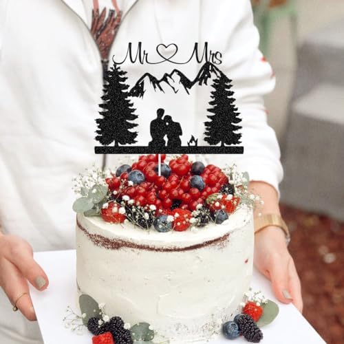 Mountain Wedding Cake Topper - Outdoors Romantic Hiking Mr & Mrs/ Bride and Groom Cake Decor, Forest Theme Wedding Party Decorations Black Glitter