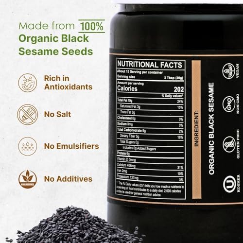 Organic Black Tahini Paste 16 oz (1lb) - Black Sesame Paste - USDA Certified, Kosher, Gluten Free Tahini Sauce - Creamy Tahini Organic with Hulled Sesame Seeds for Dressigns, Dips, Spreads & Hummus - The Holly Tree