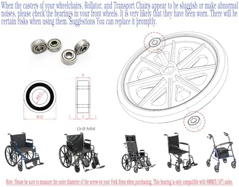 Rollator Caster Wheel Bearings,Wheelchair Caster Bearings,Rollator,Transport Chairs,Wheelchair,Universal Replacement Parts.ID8.0*OD22*T9mm,Compatible with 8.0MM (5/16") Wheel axles,STDS1011,(4pcs)
