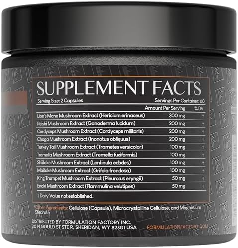 Formulation Factory Mushroom Supplement - Shroom Vroom 10-in-1 Mushroom Complex with Lion's Mane, Cordyceps & Turkey Tail - Brain Focus & Energy Capsules - 120 Capsules, 2 Month Supply