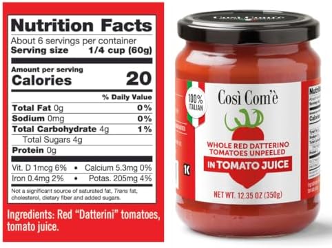 Cosi Come - Datterini Tomatoes in Juice (12.354 oz) 350 g, Low-acid, No additives, No preservatives, 100% Natural, Non-GMO, Product of Italy