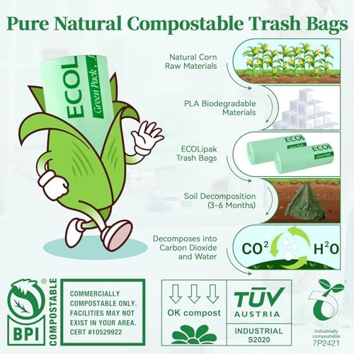 ECOLipak 33 Gallon Compostable Trash Garbage Bags, 25 Count (1 Roll) Biodegradable Heavy Duty Large Outdoor Trash Bags for Lawn/Yard, US BPI ASTM D6400 and OK Compost Home Certified