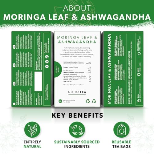 Nutra Tea - Moringa Leaf & Ashwagandha – Moringa Tea Bags, Ashwagandha Tea Bags - For Mood Support and Stress Relief - 40 Individually Wrapped Bags - Herbal Infusion (2 Pack)