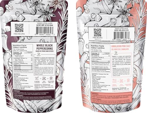 Soeos Whole Black Peppercorns 12oz + Himalayan Pink Salt 2lb, Salt and Pepper for Grinders, Black Peppercorn Refil, Pink Himalayan Sea Salt, 2 Piece Set