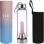 SAOI Crystal Water Bottle - Rose Quartz Gemstone Infused Elixir - Natural Wellness Healing - Glass/Stainless Steel