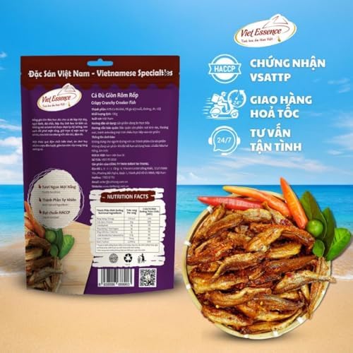 Cá Đù Giòn Rom Rop Viet Essence Crunchy Croaker Fish, Premium Vietnamese Specialty Snack, Spicy, 130g (4.6 oz)