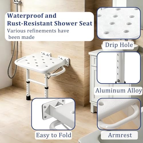 Foldable Wall Mounted Shower Seat, Height Adjustable Bathroom Stool with Armrests, 330lbs Capacity, Rustproof Bath Chair for Seniors, Elderly, Disabled & Pregnant Women