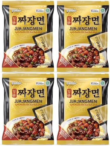 Paldo Fun & Yum Ilpoom Jjajangmen Noodles, Pack of 4, Traditional Brothless Chajang Ramen with Savory & Sweet Black Bean Sauce, Oriental Style Korean Ramyun, Soupless K-Food, 200g x 4