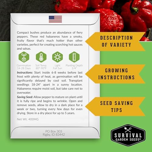 Red Habanero Pepper Seeds for Planting – Extra Hot Red Caribbean Heirloom Chili with Fruity, Tropical Flavor – Non-GMO Open-Pollinated Variety – Survival Garden Seeds (1 Pack)