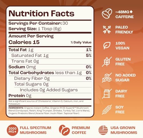RYZE SUPERFOODS Mushroom Medium Roast Coffee USDA Organic with 6 Adaptogenic Mushrooms, USA Grown Instant Coffee for Better Energy, Focus Digestion Immunity with Lions Mane & Turkey Tail 30 Servings