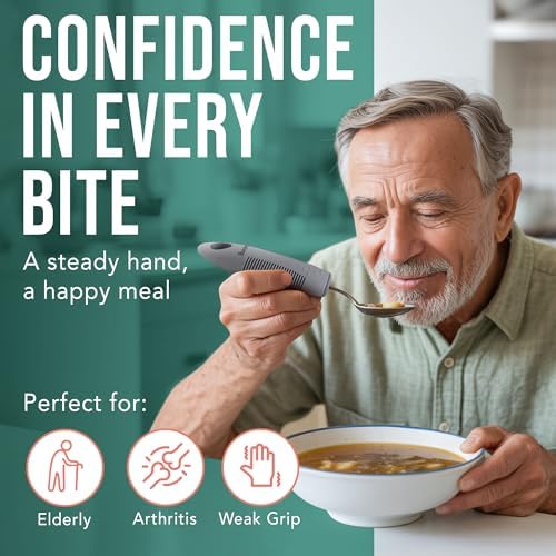 BUNMO Adaptive Utensils for Elderly, Tremors & Weak Hand Grips – 4pc Lightweight Assistive Silverware Set with Foam Easy Grip Handles – Discreet Canvas Travel Wrap – Dishwasher Safe