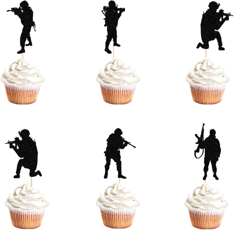 24 Pieces Military Themed Cupcake Toppers，Military soldier birthday cake decoration，Veteran's Day Cake Topper，Men's Birthday Party Decorations supplies