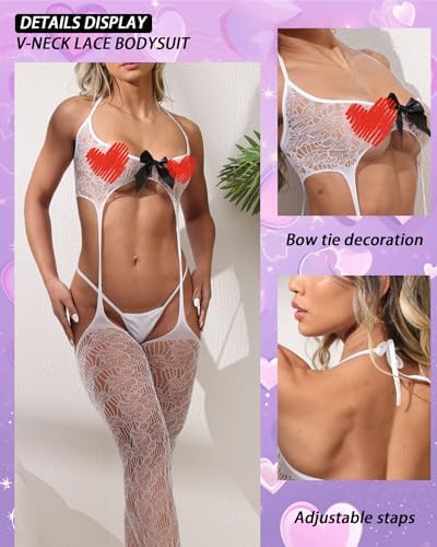 QOXNORC Women's Sexy Lingerie 3 Piece Lingerie Set with Garter Belt Stockings and Panty, Lace Crotchless Teddy Bodysuit