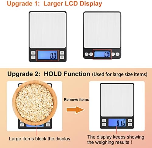 BOMATA Upgraded Small Food Scale, 0.1 g/0.001 oz High Precision, 3000 g/6.6 lb, with New Hold Function and Larger Display, USB Rechargeable, Digital Kitchen Scale for Small Item, Jewelry. Black