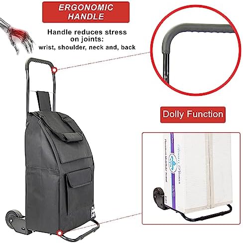 dbest Products Trolley Dolly Compact with Pockets – Foldable Grocery Cart on Wheels – Multi Use Rolling Cart with Removable Bag, Storage Pockets, and Hand Truck Dolly Function, Black
