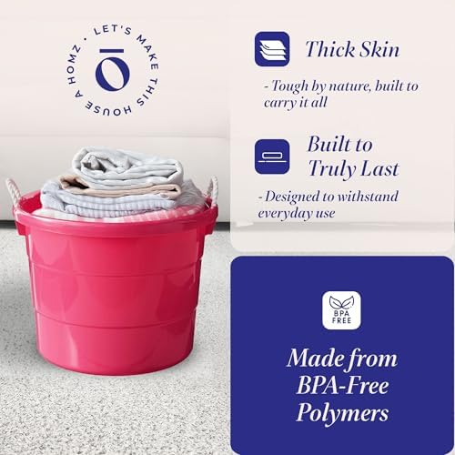 HOMZ 2-Pack Utility Tub, Large Plastic Storage Bucket with Rope Handles, 18 Gallon, Pink - Portable Indoor and Outdoor Buckets for Kitchen, Laundry, Garden, Bathroom, and Garage Organization