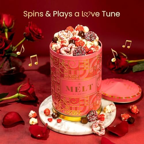 Gift Tin with Assorted Treats, Popcorn, Yogurt Heart Pretzels, Milk Chocolate Caramel Balls, Musical Present for Wife, Girlfriend, Romantic, Mom, Spouse, Plays La Vie En Rose- Bonnie and Pop