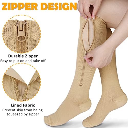 CASMON 2 Pairs Zipper Compression Socks for Women & Men,15-20 mmHg Closed Toe Knee High Support Sock for Varicose Vein Edema