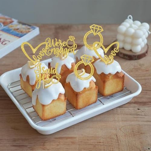 Rsstarxi 24 Pack We're Engaged Cupcake Toppers Diamond Ring Glitter Sweet Heart Love She Said Yes Cupcake Picks for Wedding Engagement Bridal Shower Theme Party Cake Decorations Supplies Gold