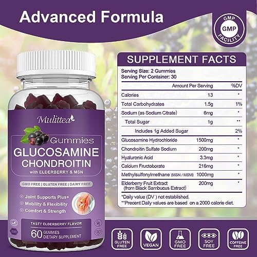 Mulittea Glucosamine Chondroitin Gummies - Extra Strength Joint Support Supplement with MSM & Elderberry for Natural Joint, Antioxidant Immune Support for Adults, Men & Women-(2 Pack)