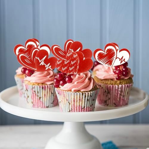 60PCS Edible Heart Cupcake Toppers Wafer Paper Sweet Love Red Heart Cake Decorations Edible Valentine's Day Cupcake Picks for Wedding Engagement Bridal Shower Birthday Valentine's Day Party Supplies