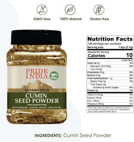 Pride of India – Cumin Seed Ground – Traditional Indian Spice – Seasoning Spice for Curries/Lentils/Chicken/Meat – Easy to Store – 8oz. Medium Dual Sifter Bottle