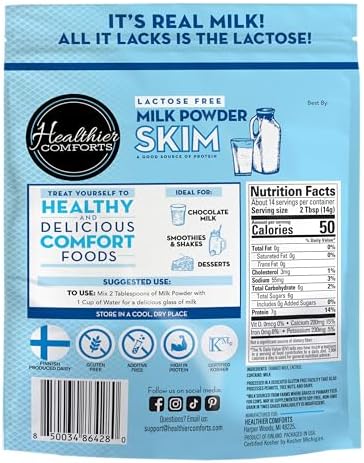 Healthier Comforts Lactose Free Skim Milk Powder | High Protein, Fat Free, Non-GMO, rBST Hormone Free, Kosher, Gluten Free, No Fillers | Baking, Coffee Creamer, Shakes| Makes 14 cups (7 oz) (7 oz)