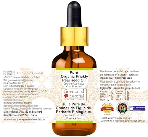 Greenwood Essential Pure Organic Prickly Pear Seed Oil (Opuntia ficus-Indica) with Glass Dropper Cold Pressed 100ml (3.38 oz)