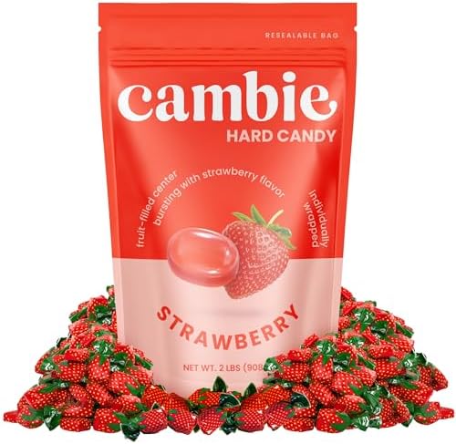 Strawberry Hard Candy Individually Wrapped by Cambie, 2 lbs of Strawberry Candy with a Deliciously Sweet Hard Exterior with a Soft, Fruit-Filled Center